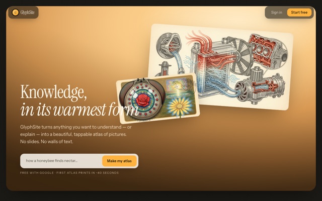 Screenshot of GlyphSite — visual knowledge atlases